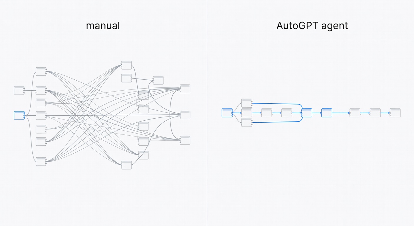 Before-after workflow: manual vs AutoGPT agent in n8n dashboard