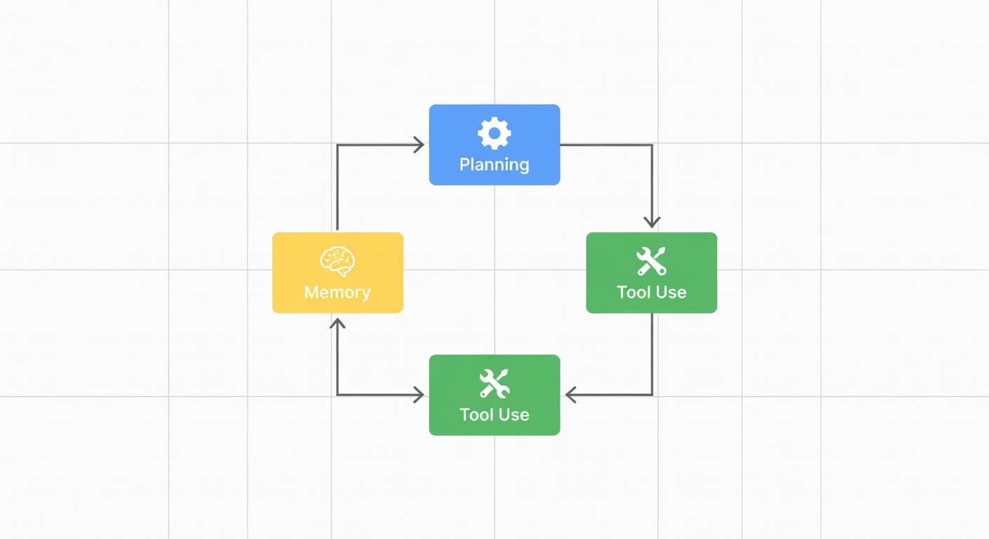 Diagram of AutoGPT agent loop: planning, tool use, memory in a no-code workflow canvas