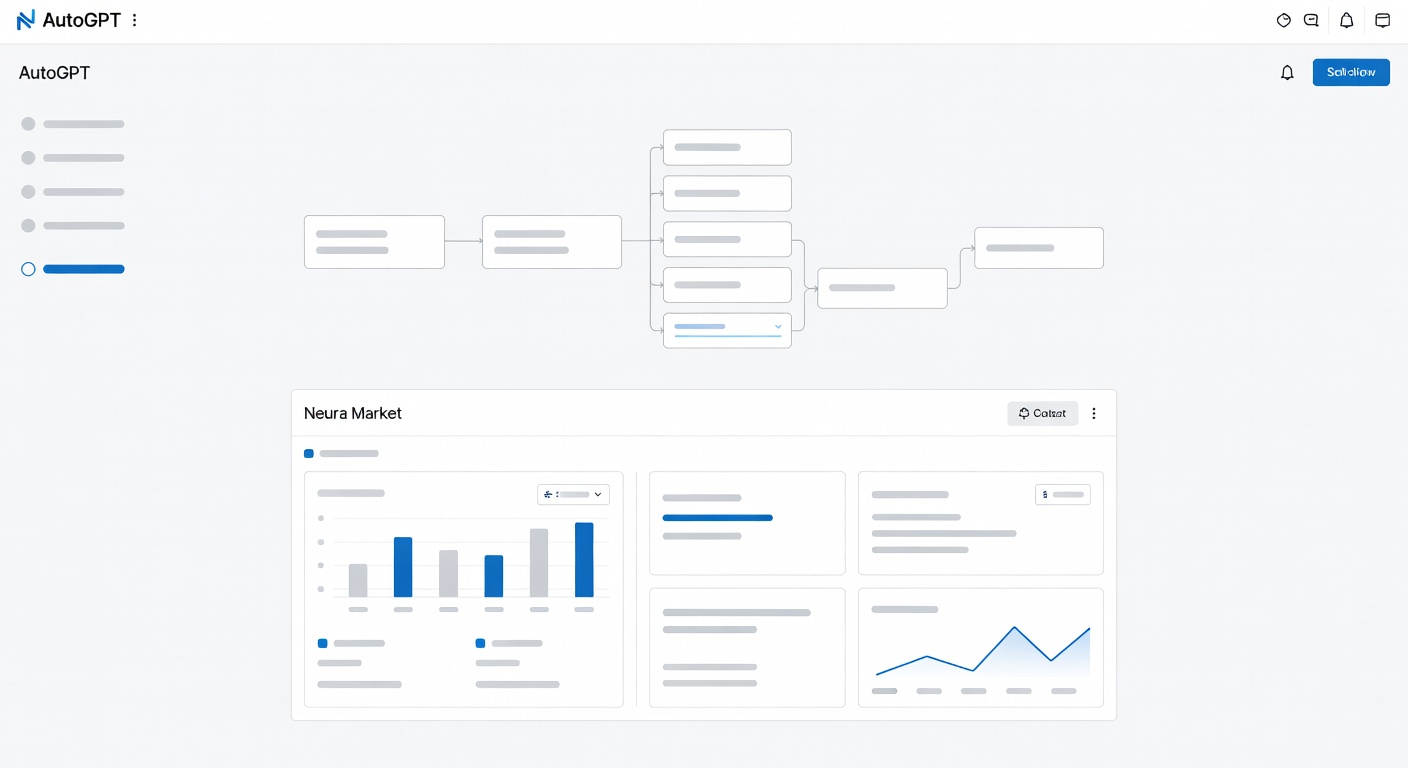 Screenshot of AutoGPT interface running a no-code workflow on Neura Market dashboard