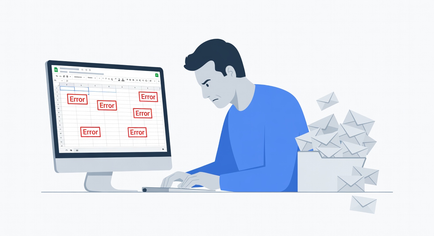 Frustrated team member manually typing data into Google Sheets with error popups and overflowing inbox