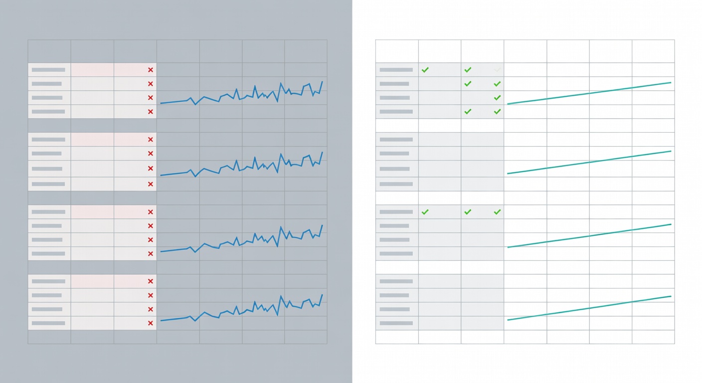 Side-by-side comparison of manual vs AI-automated Sheets dashboard showing error reduction
