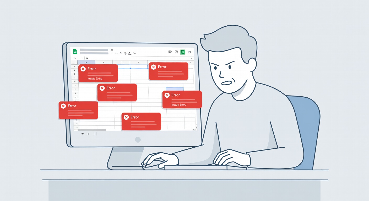 Frustrated team member manually entering data into Google Sheets with error popups overlayed