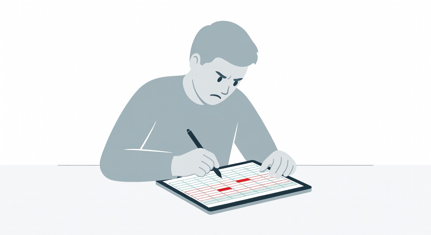 Frustrated team member manually entering data into Google Sheets with error highlights