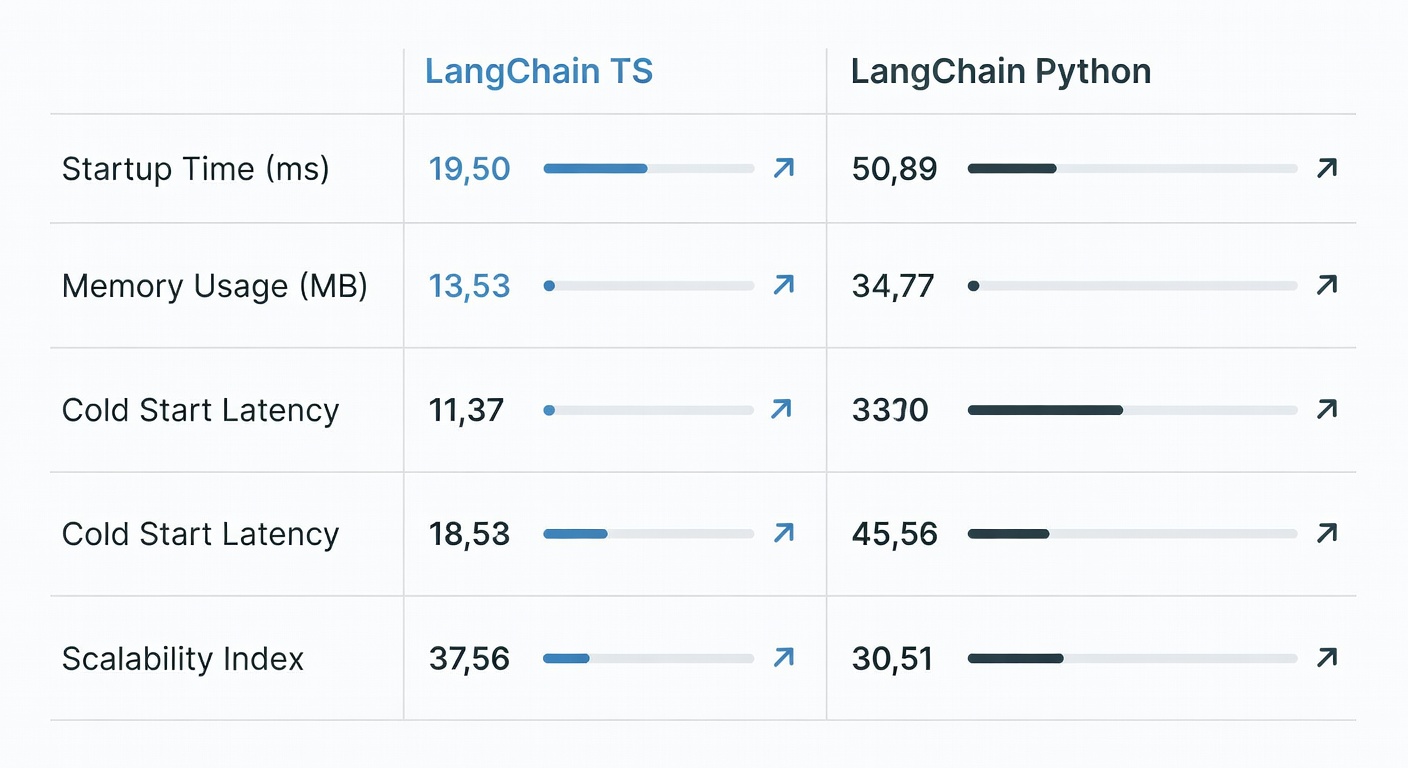 Comparison table of LangChain TS vs Python in deployment metrics