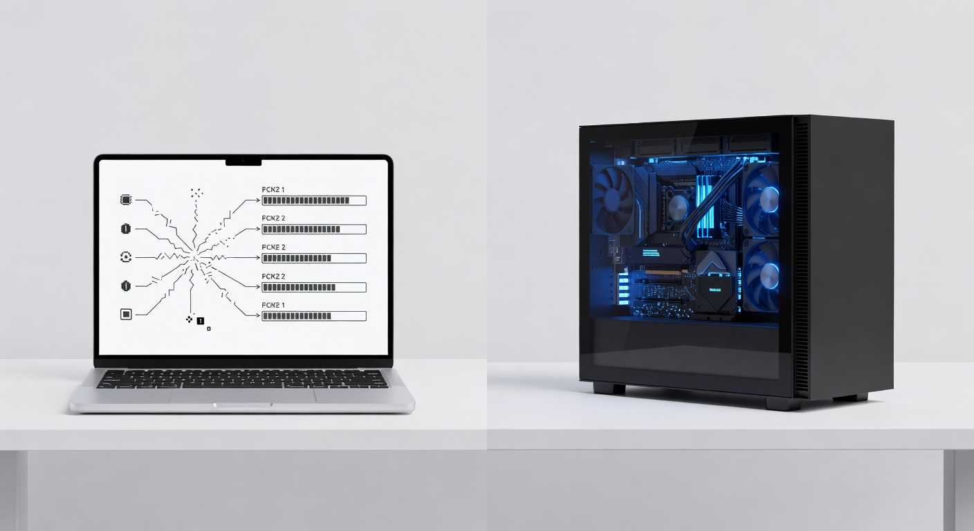 Side-by-side render of M4 MacBook Air running a lagged AI workflow vs RTX 5090 powering smooth multi-agent orchestration