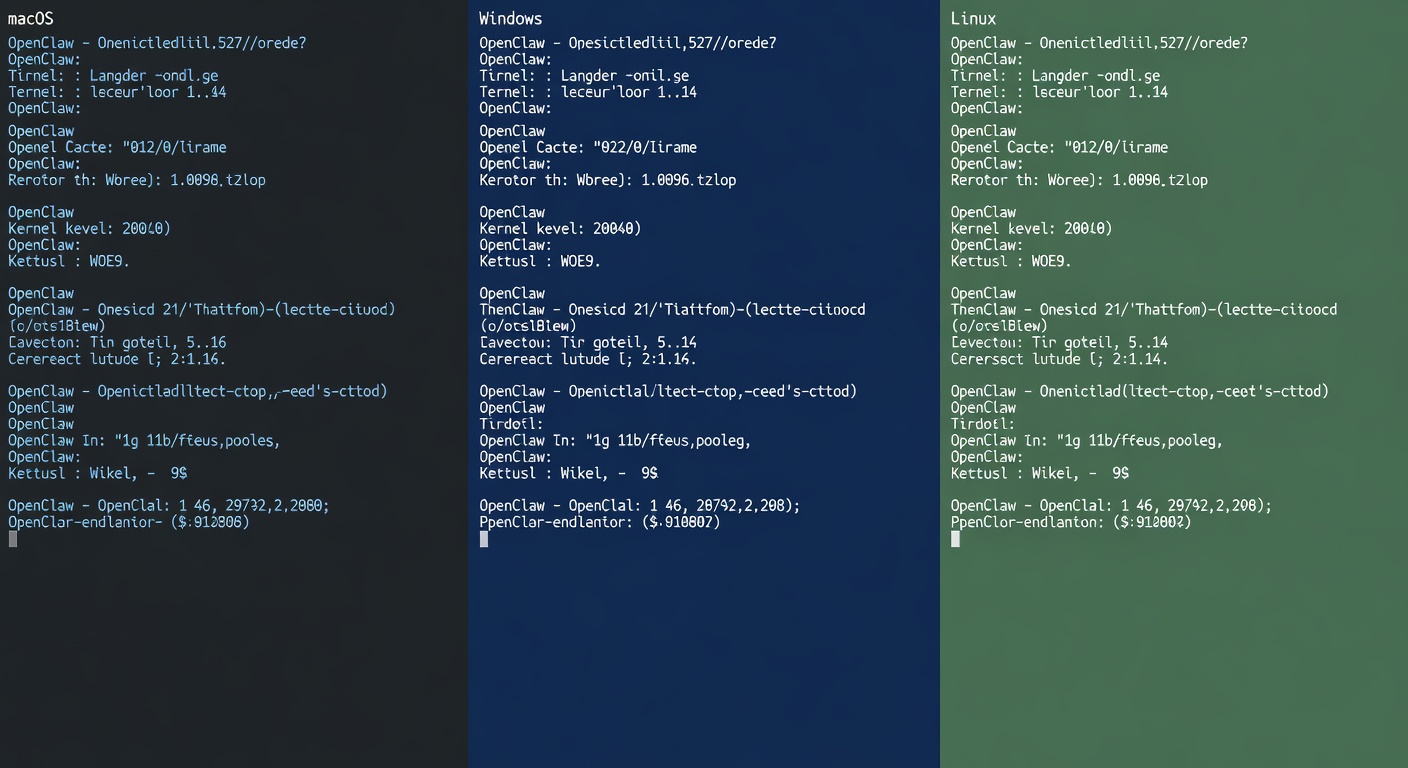 Developer terminal split-screen showing OpenClaw running on macOS, Windows, and Linux side-by-side