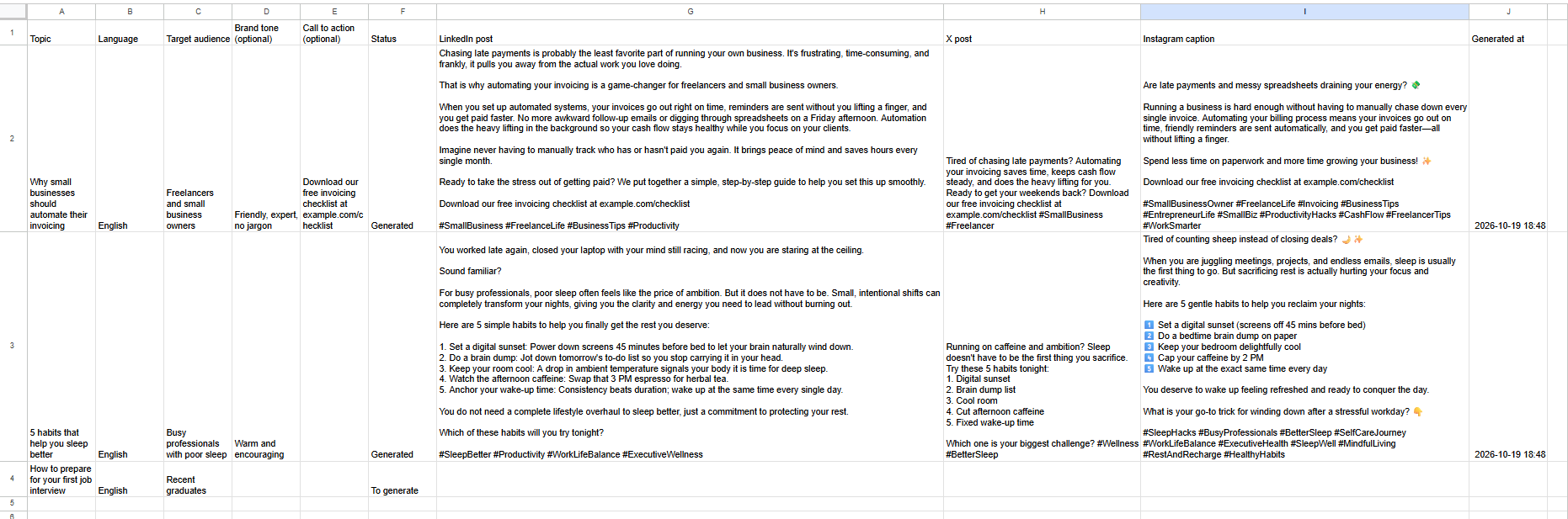 Topic to LinkedIn, X & Instagram Posts in Google Sheets | Gemini AI Social Media Generator
